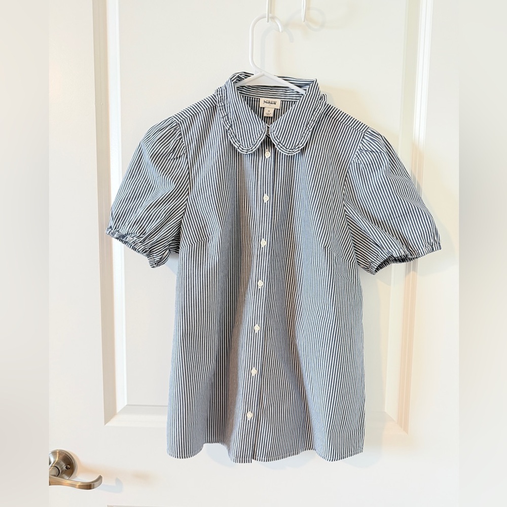 JCrew Striped Puff Sleeve Ruffle Collar Top SM NWT PTP 19” - Picture 2 of 6